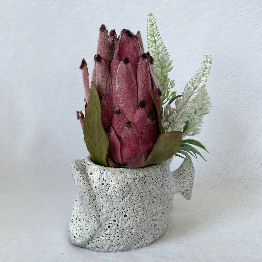 Handmade Faux Pink Protea Arrangement in Textured Fish Planter